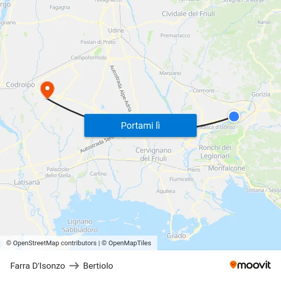 Farra D'Isonzo to Bertiolo map