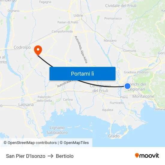 San Pier D'Isonzo to Bertiolo map