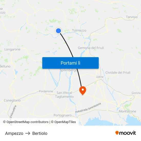 Ampezzo to Bertiolo map