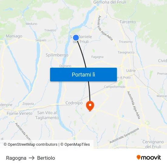 Ragogna to Bertiolo map