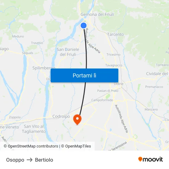 Osoppo to Bertiolo map