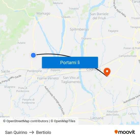 San Quirino to Bertiolo map