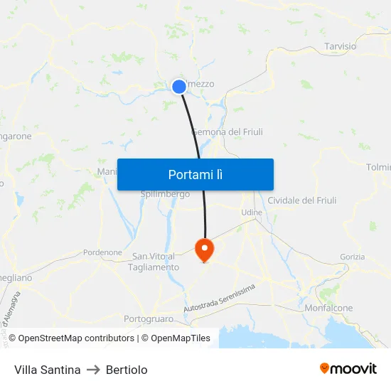 Villa Santina to Bertiolo map