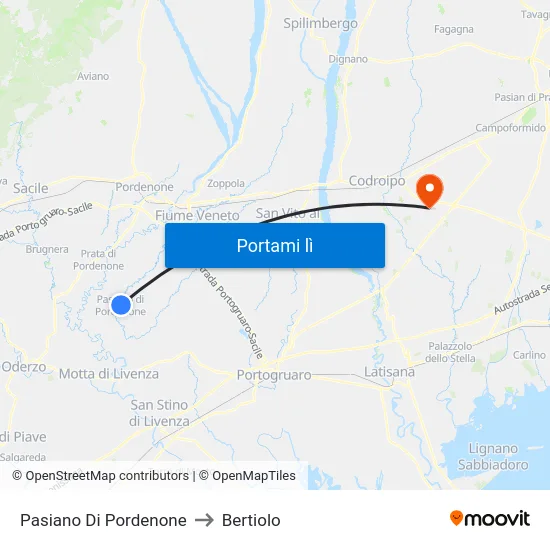 Pasiano Di Pordenone to Bertiolo map