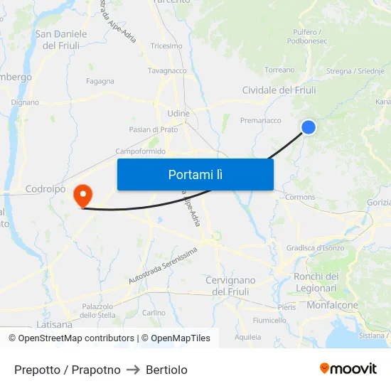 Prepotto / Prapotno to Bertiolo map