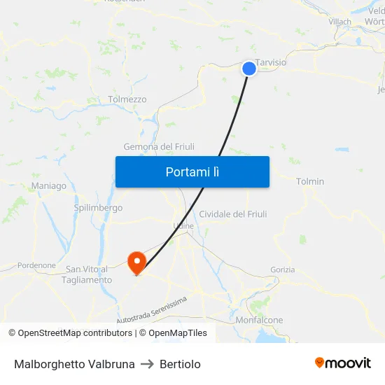 Malborghetto Valbruna to Bertiolo map