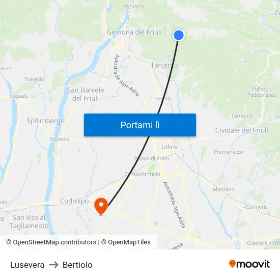 Lusevera to Bertiolo map