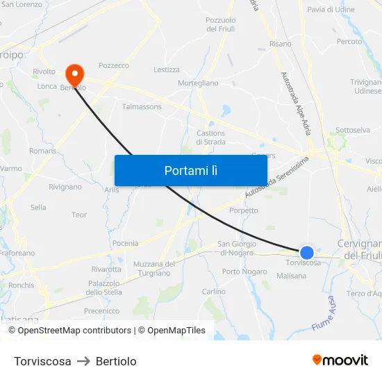 Torviscosa to Bertiolo map