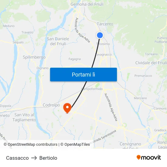 Cassacco to Bertiolo map