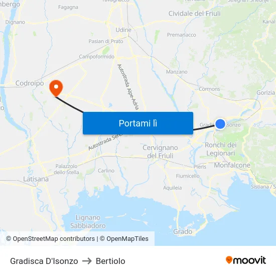 Gradisca D'Isonzo to Bertiolo map