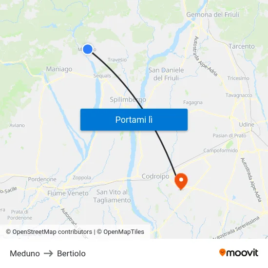 Meduno to Bertiolo map