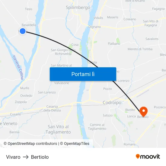 Vivaro to Bertiolo map