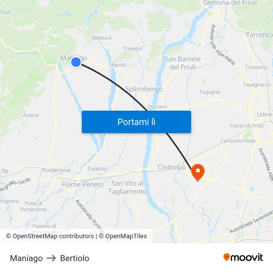 Maniago to Bertiolo map