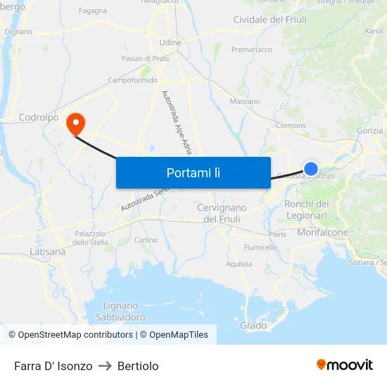 Farra D' Isonzo to Bertiolo map