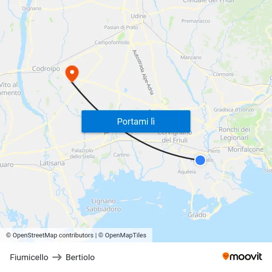 Fiumicello to Bertiolo map