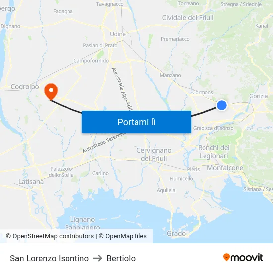 San Lorenzo Isontino to Bertiolo map