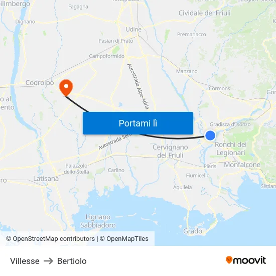 Villesse to Bertiolo map