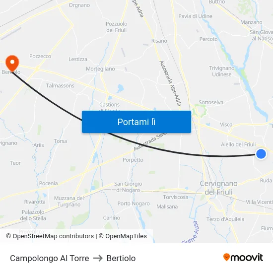 Campolongo Al Torre to Bertiolo map