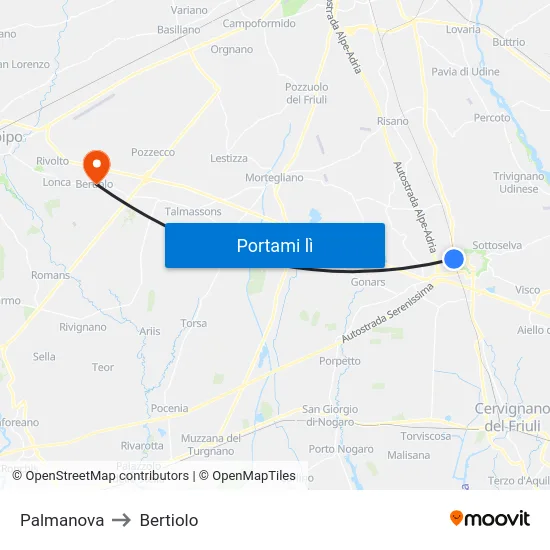 Palmanova to Bertiolo map