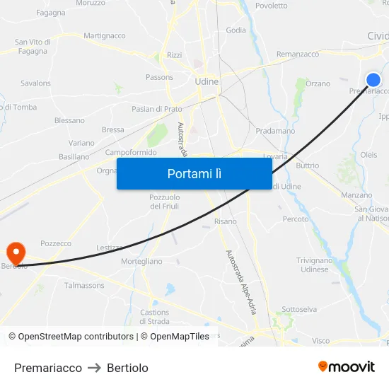 Premariacco to Bertiolo map