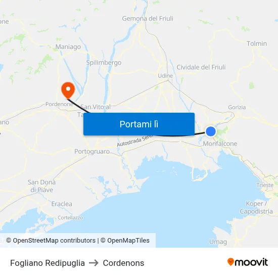 Fogliano Redipuglia to Cordenons map