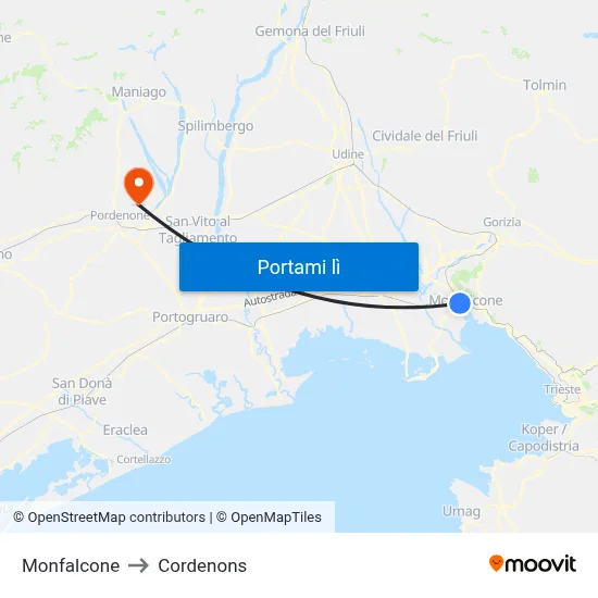 Monfalcone to Cordenons map