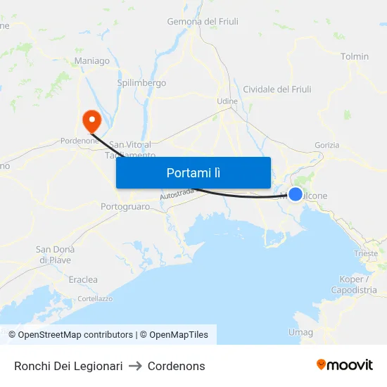 Ronchi Dei Legionari to Cordenons map
