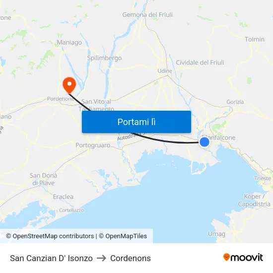 San Canzian D' Isonzo to Cordenons map