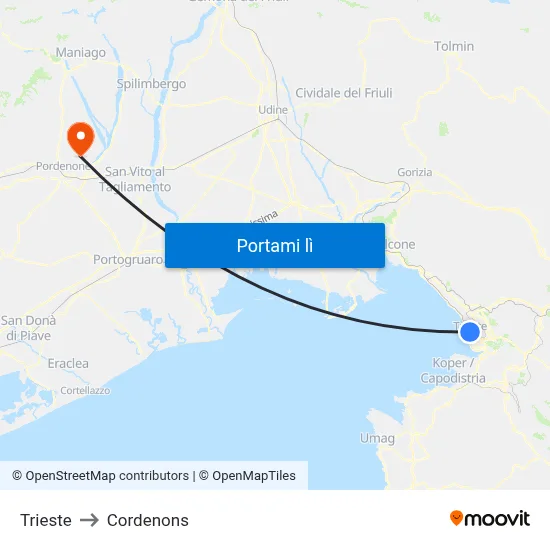 Trieste to Cordenons map