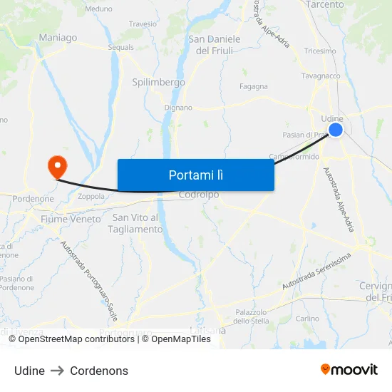 Udine to Cordenons map