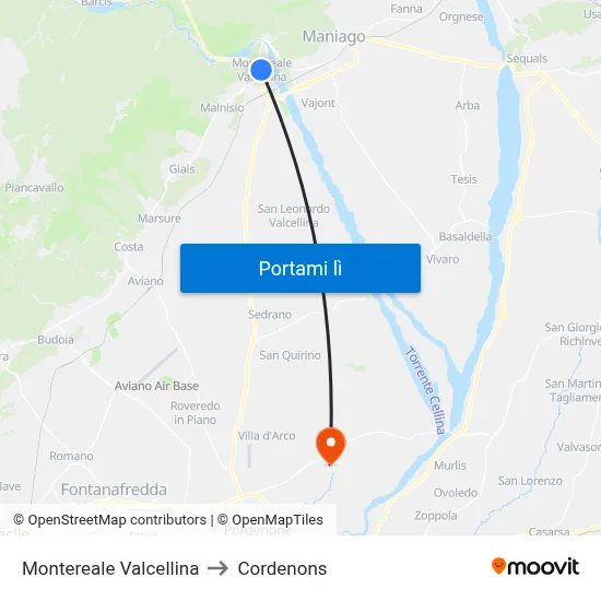 Montereale Valcellina to Cordenons map
