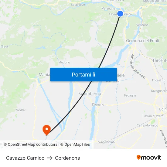 Cavazzo Carnico to Cordenons map