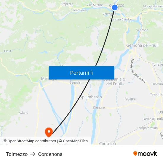 Tolmezzo to Cordenons map