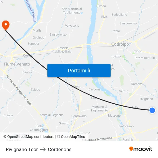 Rivignano Teor to Cordenons map