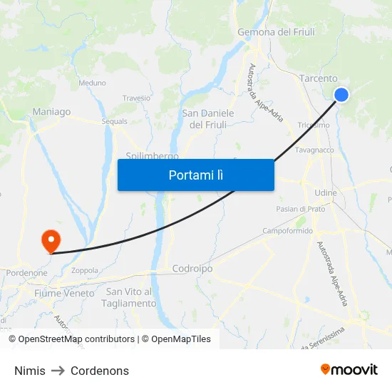 Nimis to Cordenons map