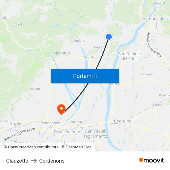 Clauzetto to Cordenons map