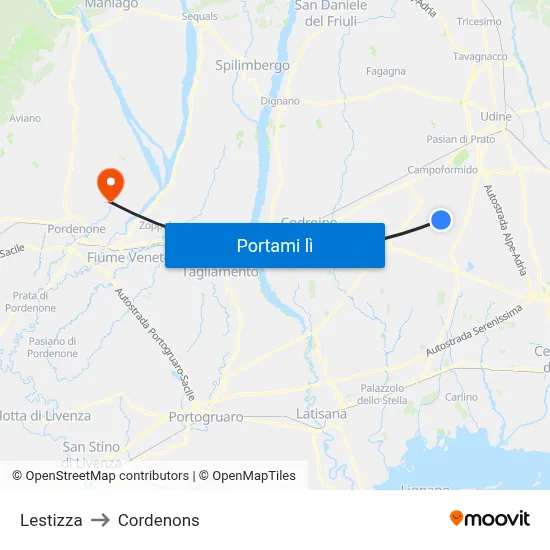 Lestizza to Cordenons map
