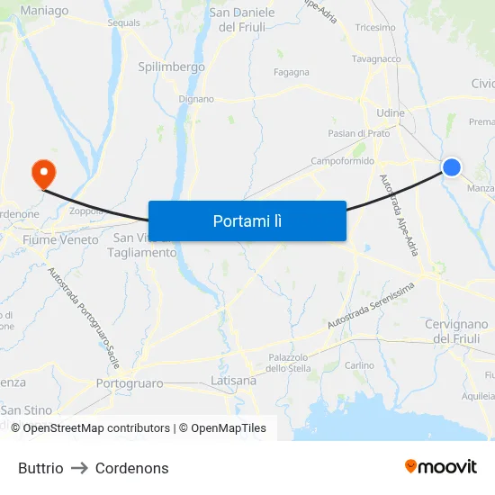 Buttrio to Cordenons map