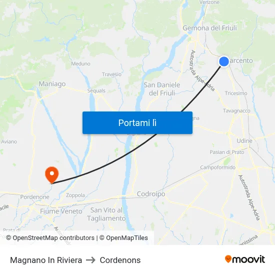Magnano In Riviera to Cordenons map