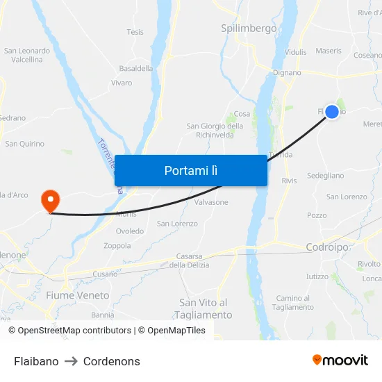 Flaibano to Cordenons map