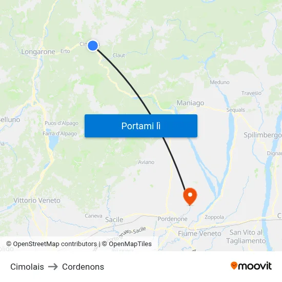 Cimolais to Cordenons map