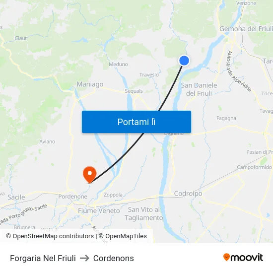 Forgaria Nel Friuli to Cordenons map