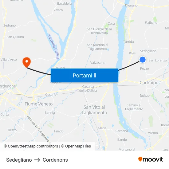 Sedegliano to Cordenons map