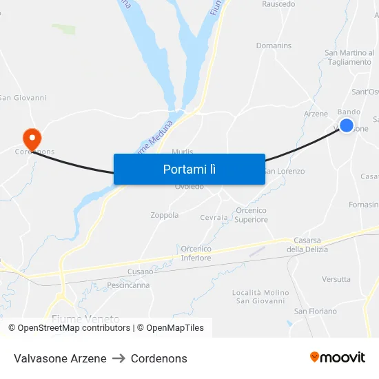 Valvasone Arzene to Cordenons map