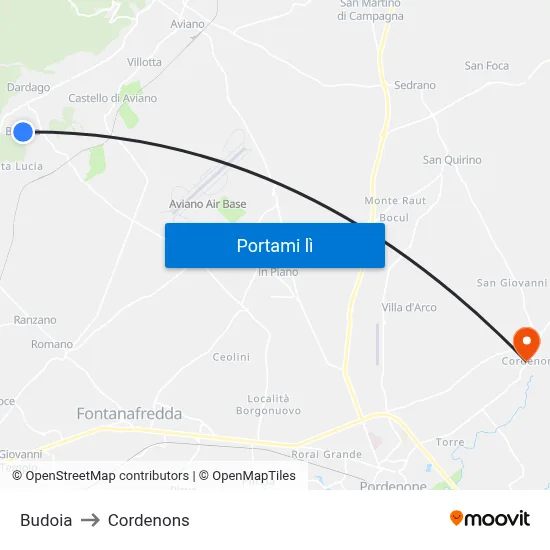 Budoia to Cordenons map
