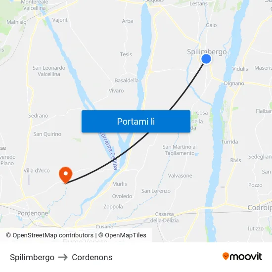 Spilimbergo to Cordenons map
