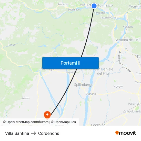 Villa Santina to Cordenons map
