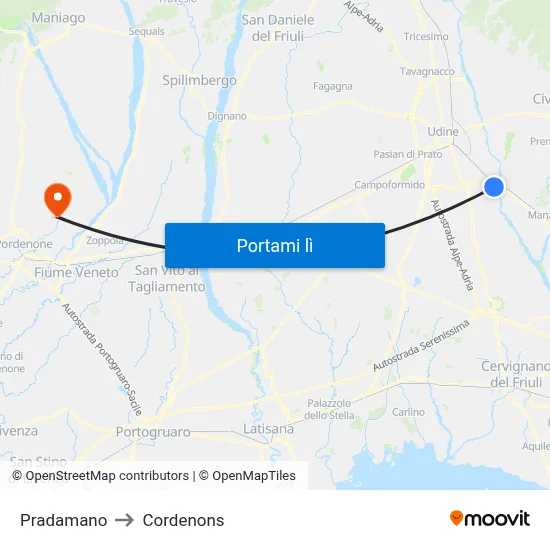 Pradamano to Cordenons map