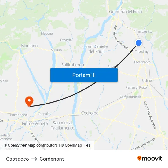 Cassacco to Cordenons map
