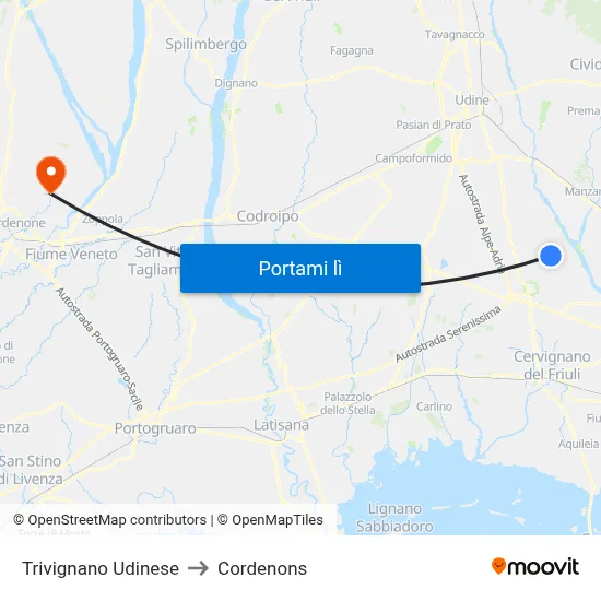 Trivignano Udinese to Cordenons map